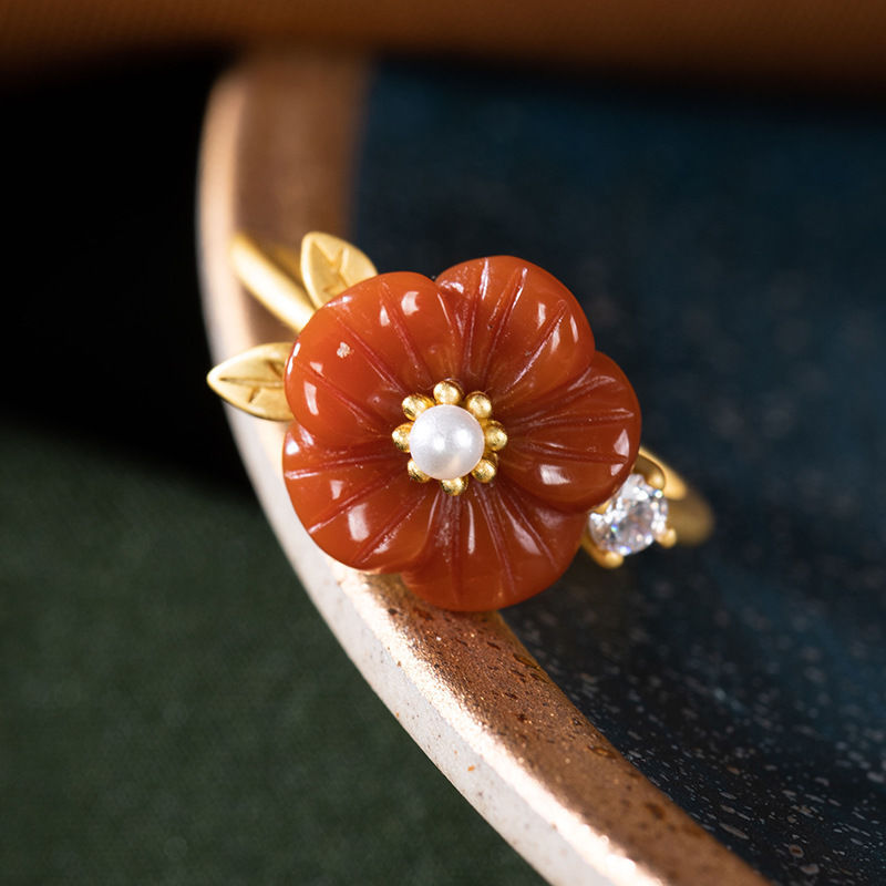 Rings - Red Natural Jade Flower Rings Luxury