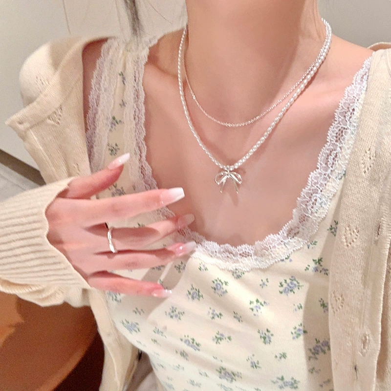 Fashion Vintage Bowknot Pendan - Pearl Choker Necklace Vintage ulasan dan harga