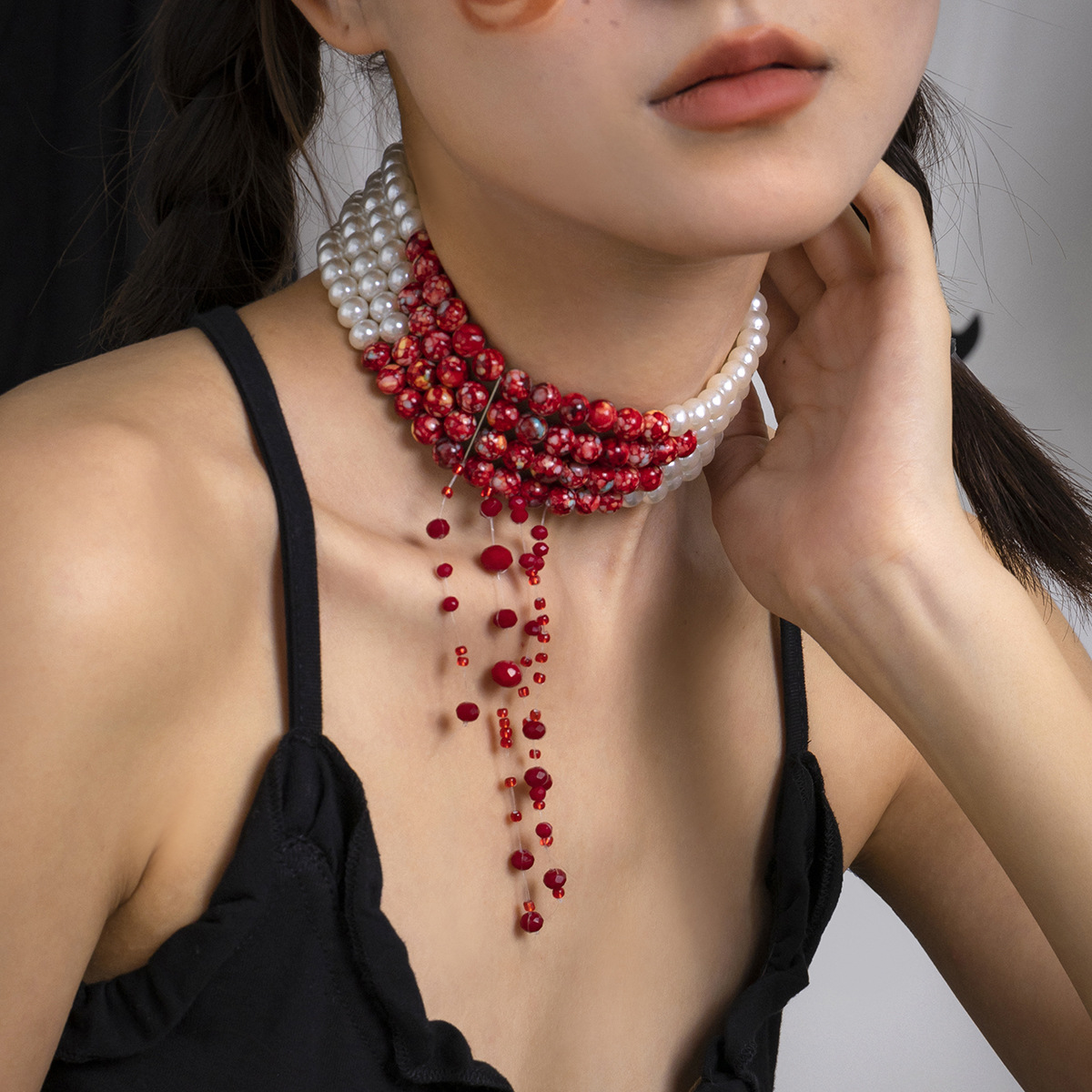 Multilayer Vintage Red Blood P - Pearl Choker Necklace Vintage ulasan dan harga