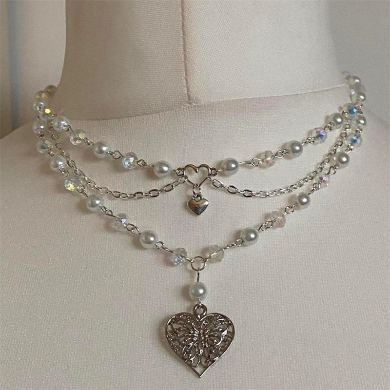 Butterfly Heart Pearls Necklac - Pearl Choker Necklace Vintage ulasan dan harga